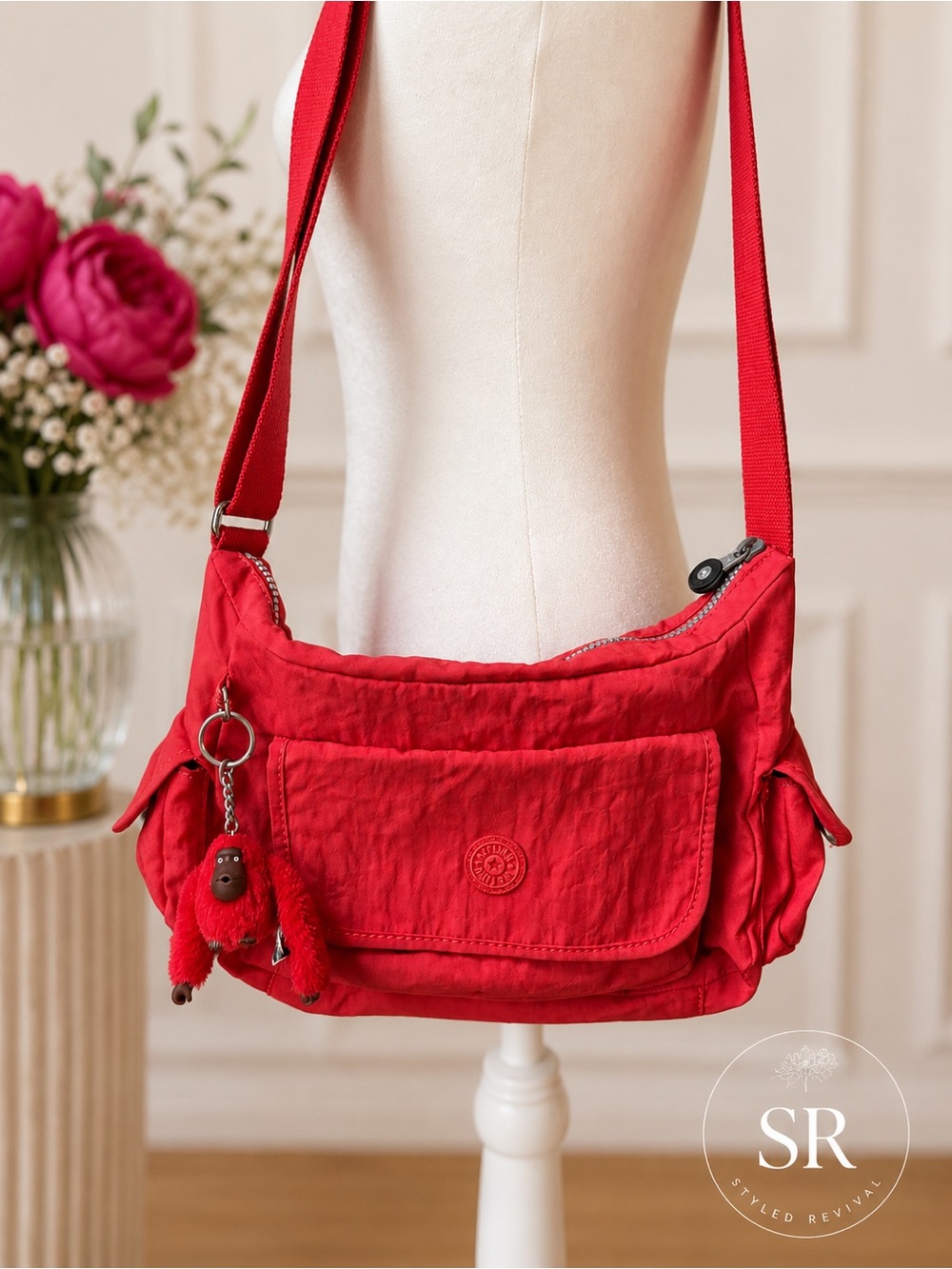 Kipling Gabbie Small Crossbody Bag Red Nylon Monkey Keychain Adjustable Strap